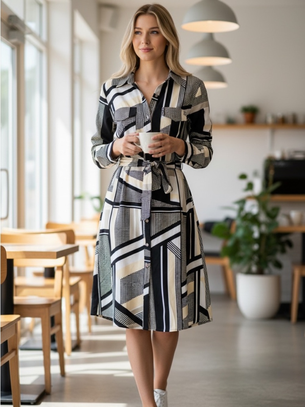 NWT NY Collection Shirt Dress Women's Size L Roll Tab Sleeves Black Neutrals